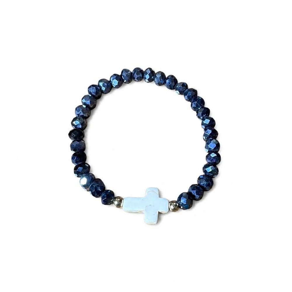 Faceted Dark Blue Plastic Bead Cross Stretch Bracelet Faith Jewelry Gift Pouch